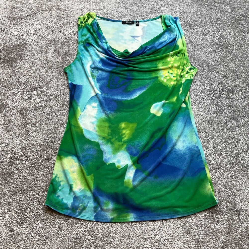 Strazzi Tank Top Blouse Womens Small Blue Gren Tie Dye Stretch Sleeveless Ladies